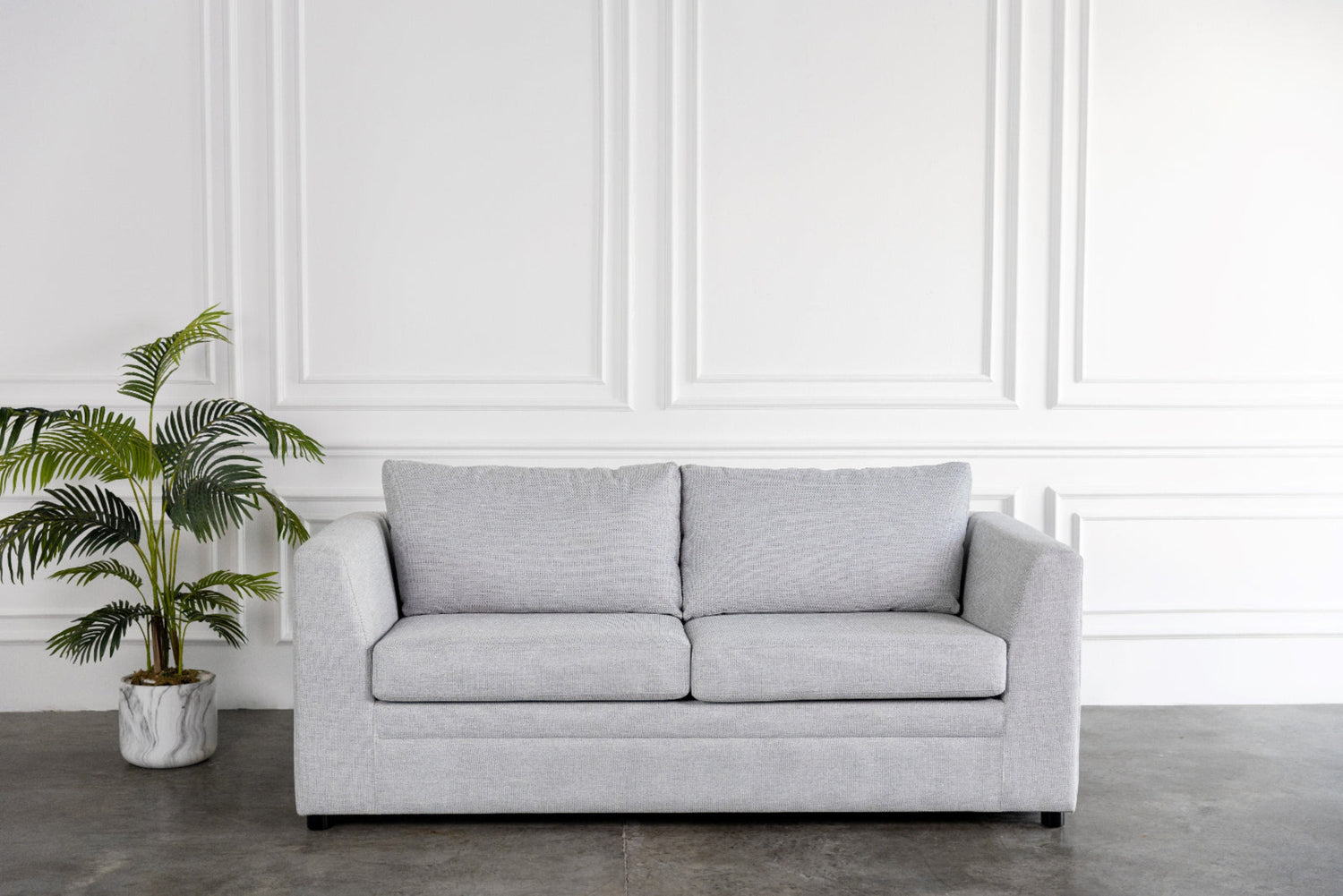 Gray sofa bed in a room with white walls and a plant.
