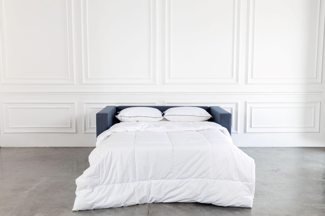 Blue 2-seater comeover sofa bed open