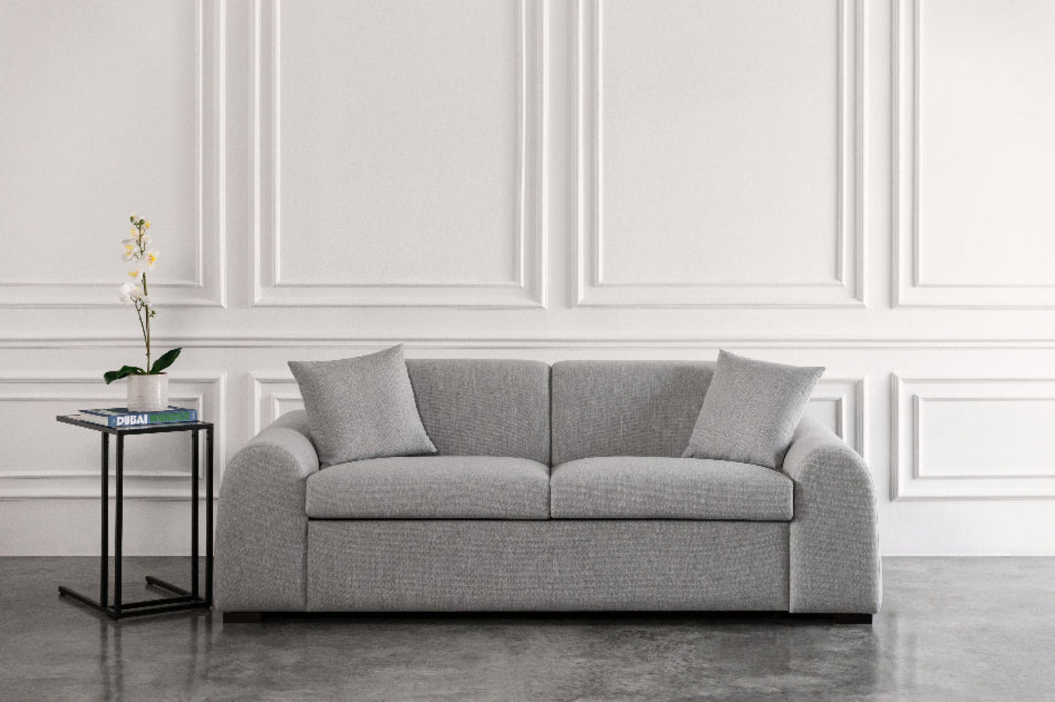 Gray sofa bed in a room with white walls and a small table with a plant.