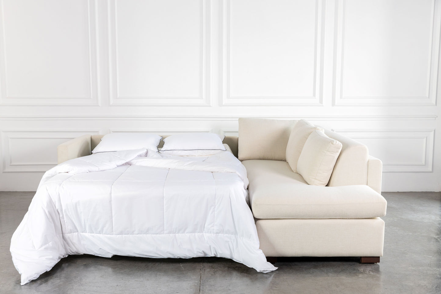 Cream 4-seater L-shape comeover sofa bed open
