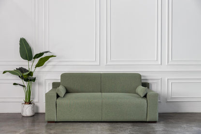 comeover green modern sofa bed design in a room with white walls and a plant.